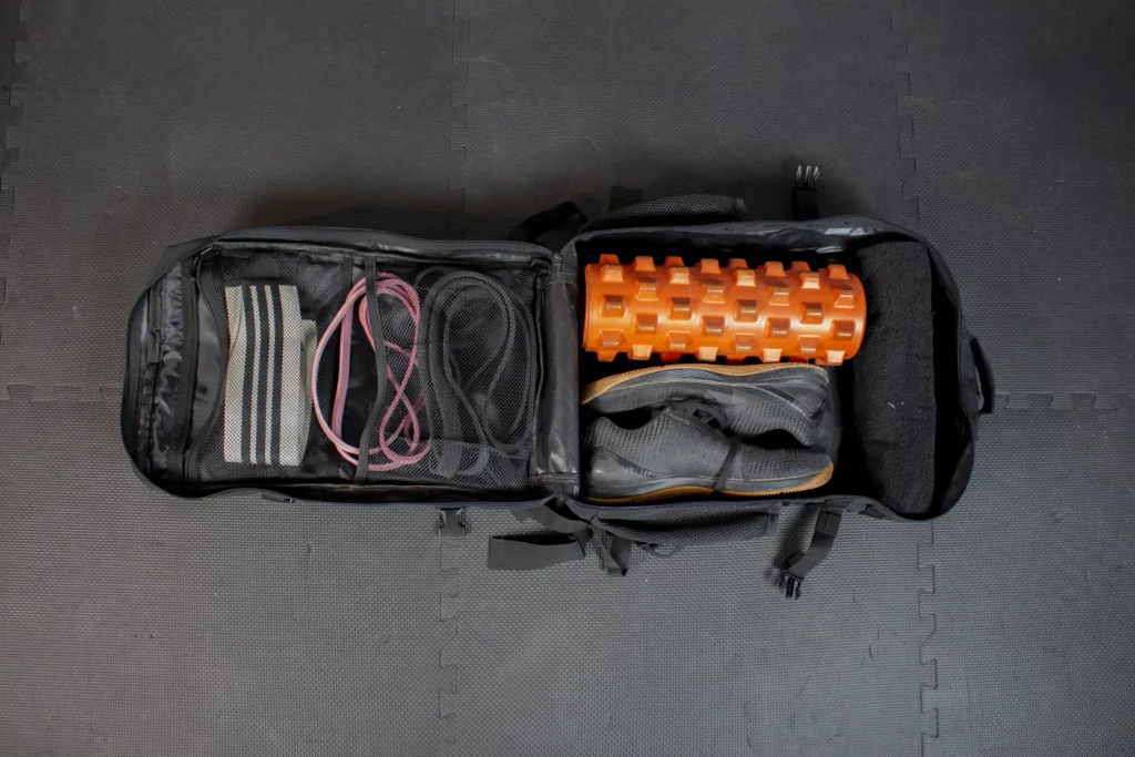 Opened black crossfit gym bag